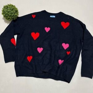 CeCe Navy Blue Red Pink Hearts Loose Oversized Crew Neck Sweater Size Small‎